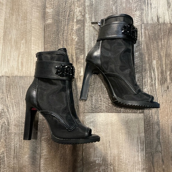 Karl Lagerfeld Black Peep-Toe Heeled Boots Size 5.5 - Picture 10 of 11